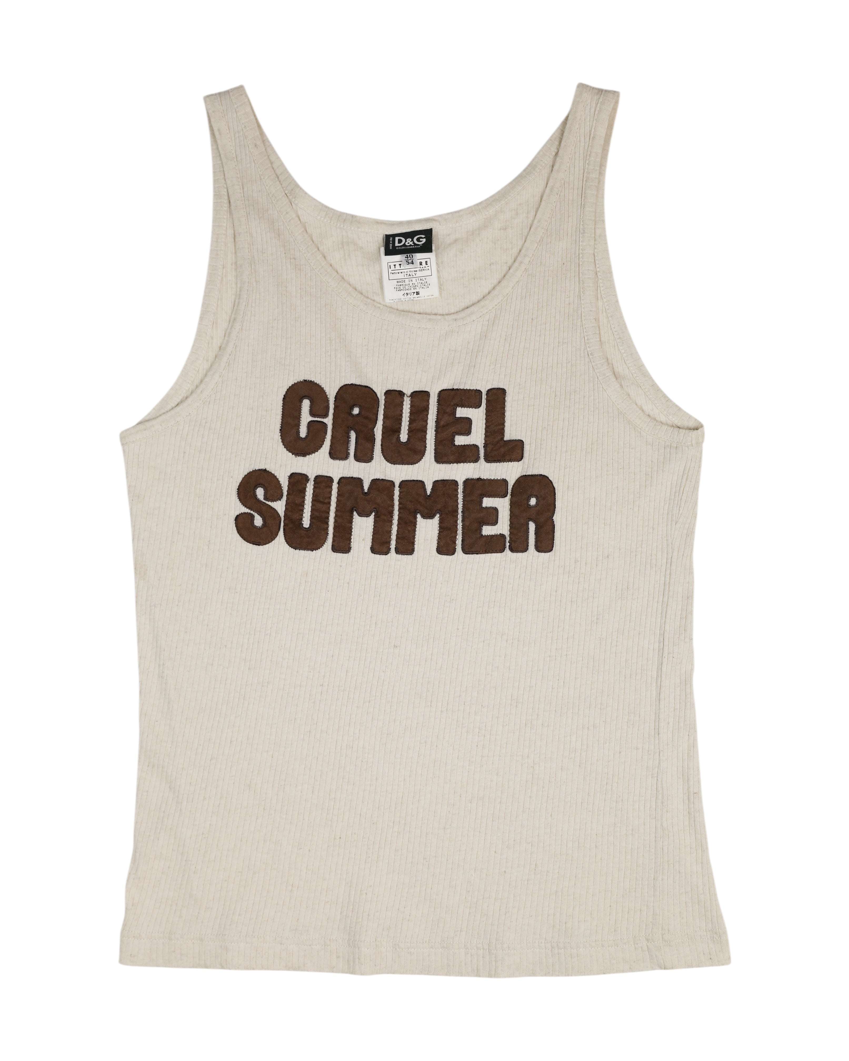 Vintage D&G Dolce & Gabbana “CRUEL SUMMER” ribbed tank top—cream/oatmeal cotton jersey with brown chenille/appliqué letters; scoop-neck sleeveless vest/singlet/camisole, fitted stretch knit; Italian designer streetwear from Milan, Y2K/2000s vibe; unisex slogan/graphic logo top, festival-ready layering piece, rare collectible.