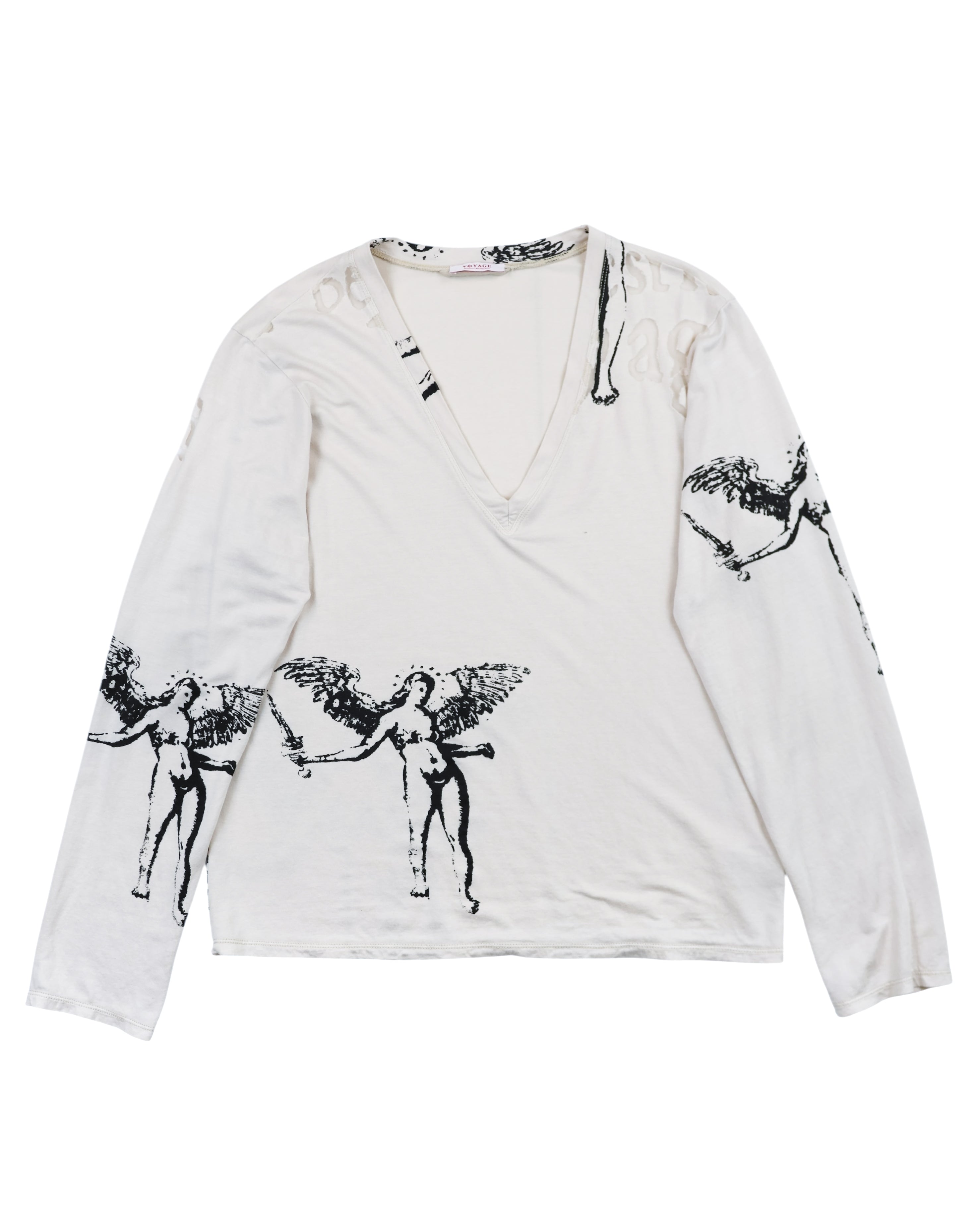 Voyage Passion white/ivory cotton long-sleeve V-neck T-shirt/top; deep scoop V, soft jersey; black Renaissance cherub/angel graphics printed front & sleeves; relaxed easy fit, unisex; great with jeans, leather, tailoring, streetwear layers; tags: archival, Y2K, indie-sleaze, romantic goth, artsy; Voyage (Europe, Mazzilli & Michielsens) small-batch studio production, collectible.