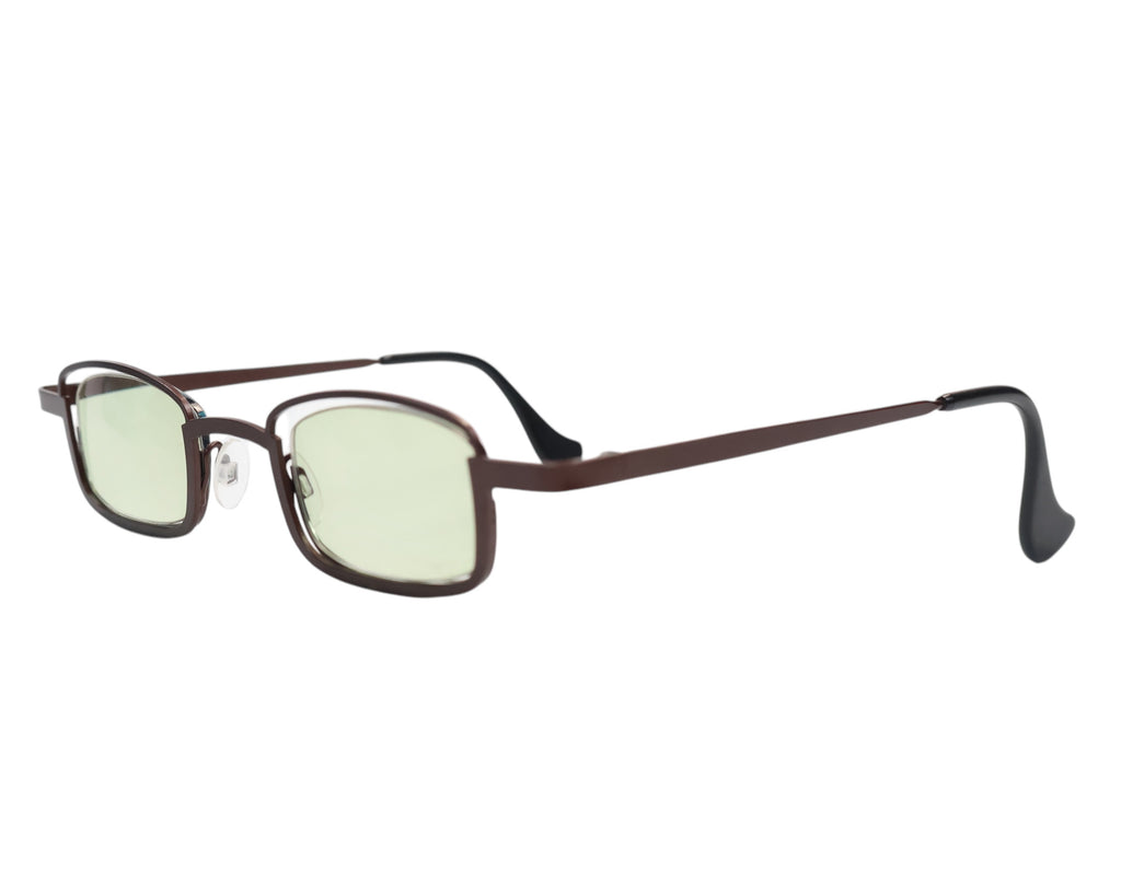 Dave “Slim” Belgian designer glasses / spectacles / optical frames—lightweight slimline rectangle-square silhouette in matte brown metal with acetate-rim rims, light green-tinted lenses, adjustable nose pads and curved temple tips; minimalist indie eyewear from Belgium, artisan-inspired, unisex reading or sun lenses, classic narrow frame for small to medium faces.