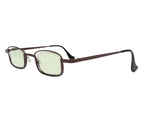 Dave “Slim” Belgian designer glasses / spectacles / optical frames—lightweight slimline rectangle-square silhouette in matte brown metal with acetate-rim rims, light green-tinted lenses, adjustable nose pads and curved temple tips; minimalist indie eyewear from Belgium, artisan-inspired, unisex reading or sun lenses, classic narrow frame for small to medium faces.