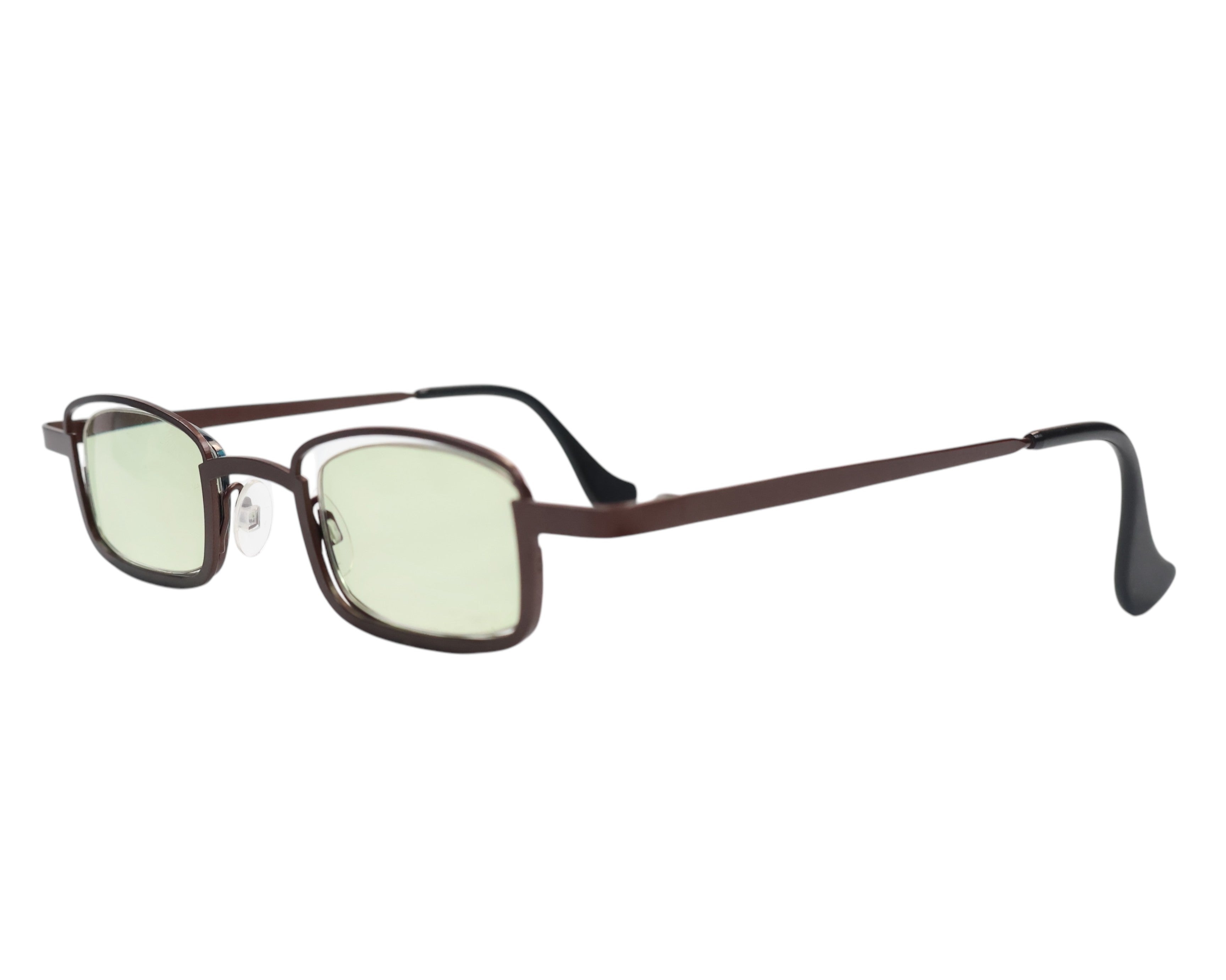 Dave “Slim” Belgian designer glasses / spectacles / optical frames—lightweight slimline rectangle-square silhouette in matte brown metal with acetate-rim rims, light green-tinted lenses, adjustable nose pads and curved temple tips; minimalist indie eyewear from Belgium, artisan-inspired, unisex reading or sun lenses, classic narrow frame for small to medium faces.