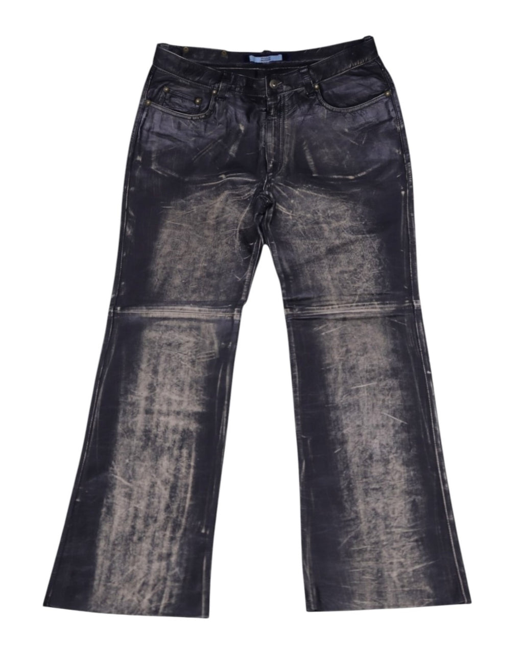 Black leather pants with a straight leg cut, visible stitching, and no visible brand marking. Voyage Passion black leather pants with a heavy distressed/brushed finish, five-pocket jean styling and flared legs, belt loops and rivets; vintage, high-end and rare statement trousers.