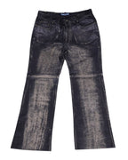 Black leather pants with a straight leg cut, visible stitching, and no visible brand marking. Voyage Passion black leather pants with a heavy distressed/brushed finish, five-pocket jean styling and flared legs, belt loops and rivets; vintage, high-end and rare statement trousers.