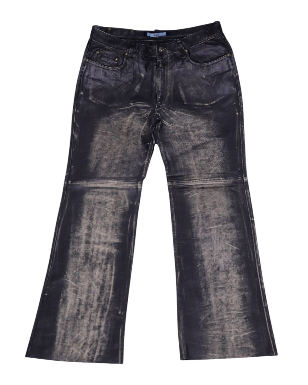 Black leather pants with a straight leg cut, visible stitching, and no visible brand marking. Voyage Passion black leather pants with a heavy distressed/brushed finish, five-pocket jean styling and flared legs, belt loops and rivets; vintage, high-end and rare statement trousers.