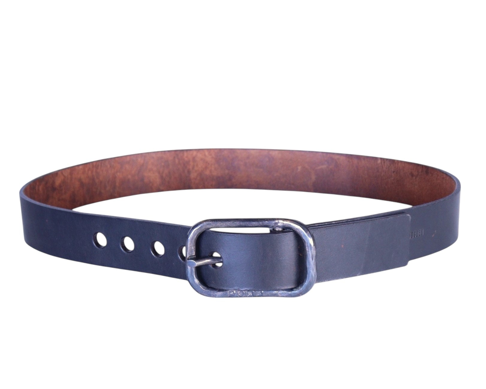 A black heavy leather belt with a metal buckle, handcrafted from genuine leather, displayed on a plain background. Thick, heavy black leather waist belt with a rounded-rectangle silver-tone buckle and raw brown underside; minimalist jeans belt with rugged, workwear/rocker vibes and smooth grain that will age to a rich patina. Handcrafted in Munich, Germany by Werkstatt München—an artisanal small-batch studio known for hand-finished metalwork and refined leather; luxury, rare, unisex.