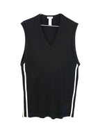Dolce & Gabbana vintage black tank top / sleeveless V-neck vest—ribbed knit cotton jersey with contrast white racing stripes down the sides; minimalist, logo-free Italian designer piece from Milan; luxury craftsmanship and tailoring heritage; unisex muscle tee/singlet/jersey, slim fit layering essential with Y2K/’90s athleisure streetwear vibe.