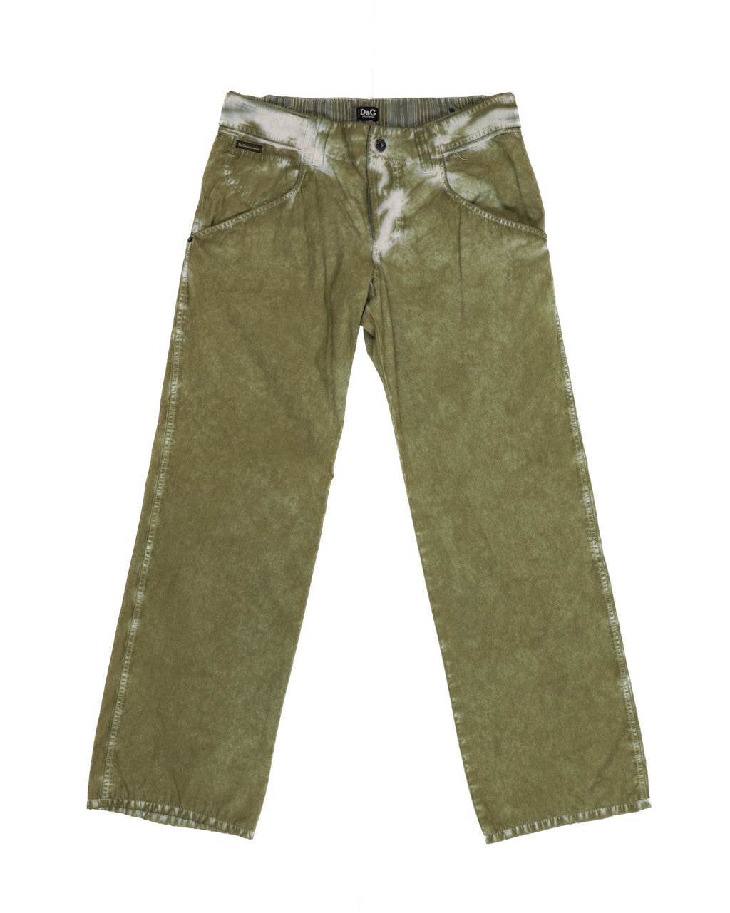 Second-hand Dolce & Gabbana olive-green pants—designer trousers/chinos with a washed white bleach/acid-wash effect. Straight-leg silhouette with slanted pockets, belt loops and button front, D&G logo label at the waistband; vintage-inspired, rare piece laid flat on white.