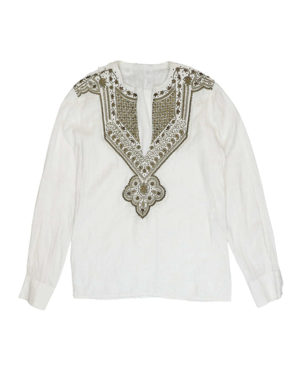 Roberto Cavalli White blouse with intricate metallic embroidery on a white background.  Vintage Roberto Cavalli white/ivory linen blouse / tunic / peasant top / kaftan with metallic gold-bronze embroidery and beadwork on an ornate bib yoke; split V-neck, long sleeves, relaxed boho/gypsy fit, hand-finished artisanal detailing; lightweight breathable resort/summer festival shirt; Italian luxury designer from Florence, 1990s–2000s vibe; women’s/unisex styling.