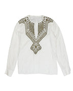 Roberto Cavalli White blouse with intricate metallic embroidery on a white background.  Vintage Roberto Cavalli white/ivory linen blouse / tunic / peasant top / kaftan with metallic gold-bronze embroidery and beadwork on an ornate bib yoke; split V-neck, long sleeves, relaxed boho/gypsy fit, hand-finished artisanal detailing; lightweight breathable resort/summer festival shirt; Italian luxury designer from Florence, 1990s–2000s vibe; women’s/unisex styling.