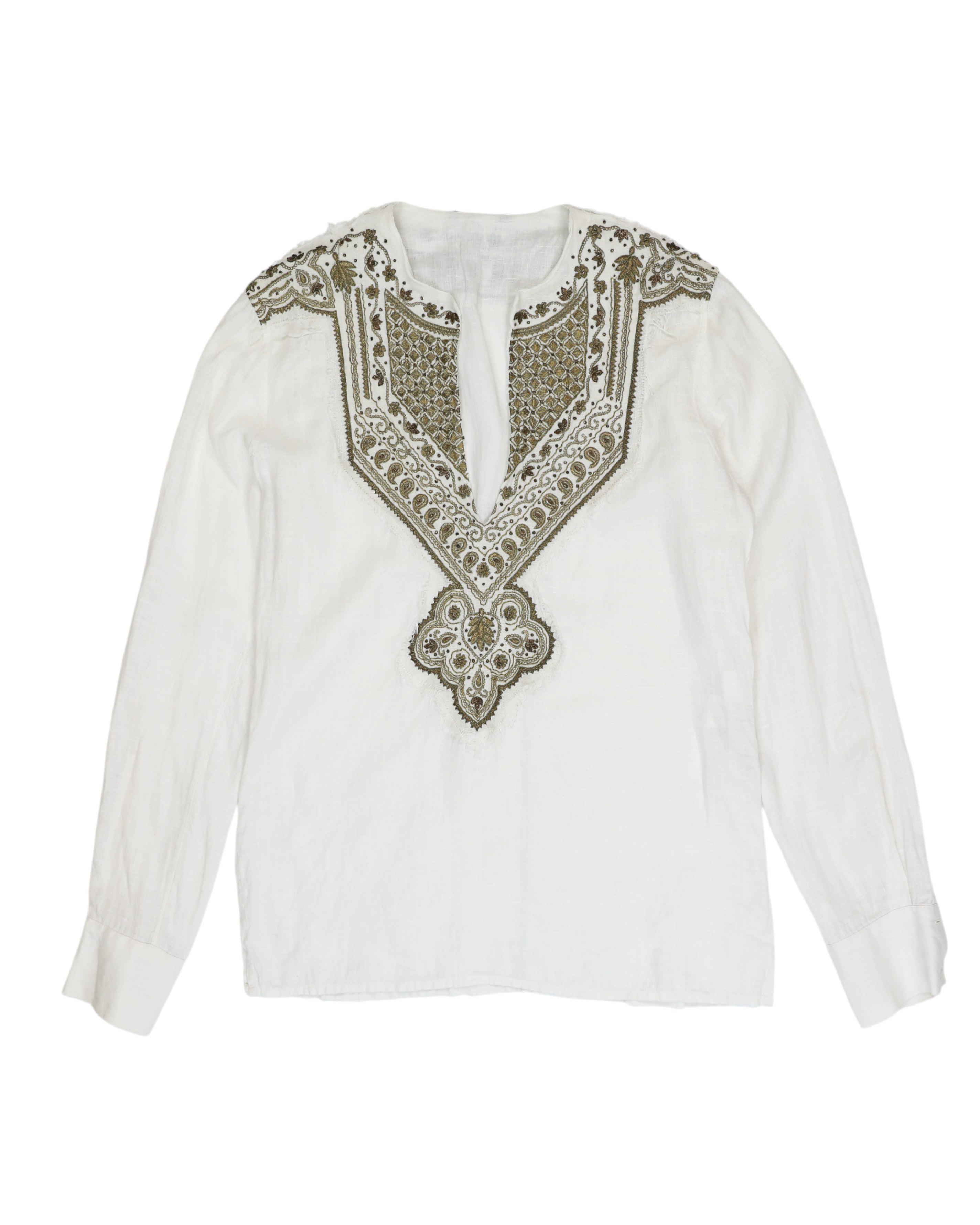 Roberto Cavalli White blouse with intricate metallic embroidery on a white background.  Vintage Roberto Cavalli white/ivory linen blouse / tunic / peasant top / kaftan with metallic gold-bronze embroidery and beadwork on an ornate bib yoke; split V-neck, long sleeves, relaxed boho/gypsy fit, hand-finished artisanal detailing; lightweight breathable resort/summer festival shirt; Italian luxury designer from Florence, 1990s–2000s vibe; women’s/unisex styling.