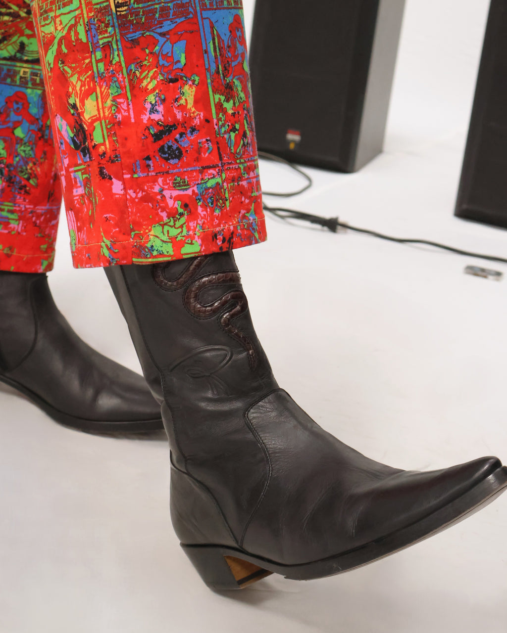 Roberto Cavalli black leather santiag boots with snakeskin