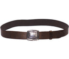 A brown leather belt with a silver buckle, laid flat against a plain background. Roberto Cavalli brown leather belt; chocolate/tobacco calfskin strap with smooth grain; rectangular silver-tone engraved buckle with light patina; medium-width waist belt; unisex designer accessory for jeans, chinos or tailoring; Italian luxury house from Florence, noted for artisanal craftsmanship; vintage Cavalli wardrobe essential.