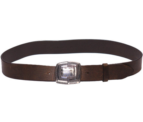 A brown leather belt with a silver buckle, laid flat against a plain background. Roberto Cavalli brown leather belt; chocolate/tobacco calfskin strap with smooth grain; rectangular silver-tone engraved buckle with light patina; medium-width waist belt; unisex designer accessory for jeans, chinos or tailoring; Italian luxury house from Florence, noted for artisanal craftsmanship; vintage Cavalli wardrobe essential.