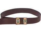 Roberto Cavalli brown leather belt; chocolate/tobacco calfskin strap with smooth grain; rectangular mosaic buckle featuring inlaid enamel/stone tiles in green, amber and ivory tones with RC monogram panel; bronze-tone hardware, lightly patinated; medium-width waist belt; statement/boho/retro accessory for jeans, chinos or tailoring; unisex designer piece; Italian luxury house from Florence renowned for artisanal craftsmanship and exuberant detailing;vintage Cavalli collectible.