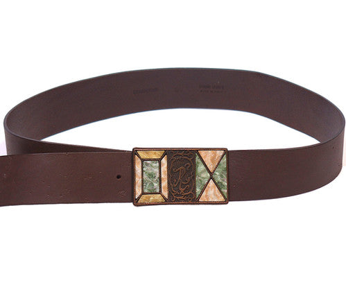 Roberto Cavalli brown leather belt; chocolate/tobacco calfskin strap with smooth grain; rectangular mosaic buckle featuring inlaid enamel/stone tiles in green, amber and ivory tones with RC monogram panel; bronze-tone hardware, lightly patinated; medium-width waist belt; statement/boho/retro accessory for jeans, chinos or tailoring; unisex designer piece; Italian luxury house from Florence renowned for artisanal craftsmanship and exuberant detailing;vintage Cavalli collectible.